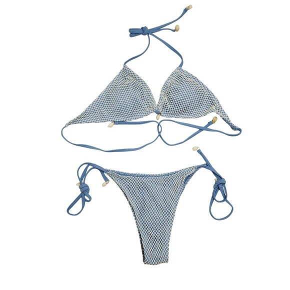 Blue & White Zaful Womens Bikini Set Size S Tie Closures Mesh Overlay Design - Picture 1 of 5